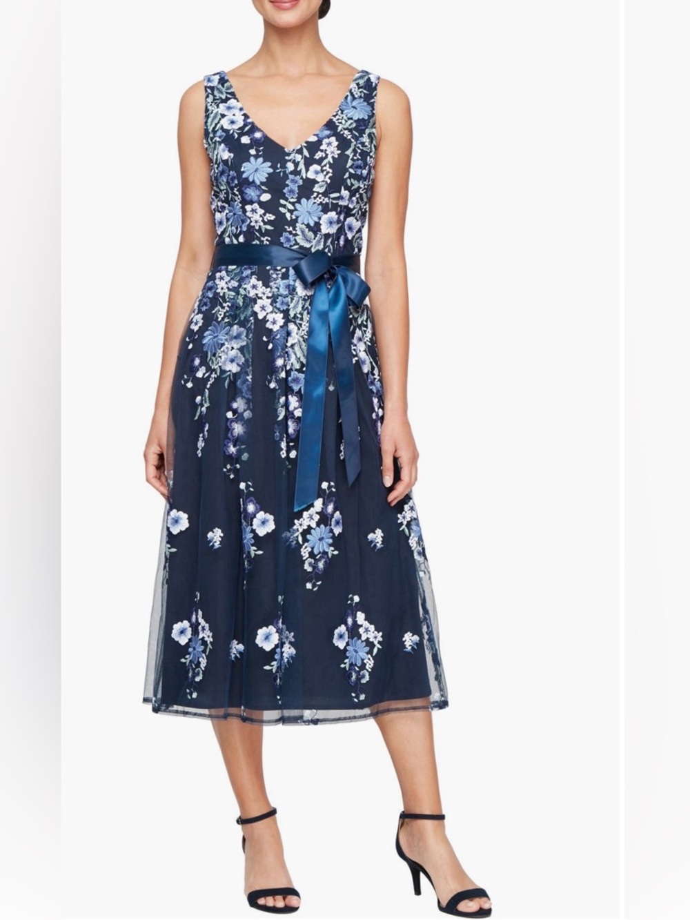 Alex Evenings Embroidered Floral Mehs V-Neck A-Line Midi Dress Womens Size 6 NWT